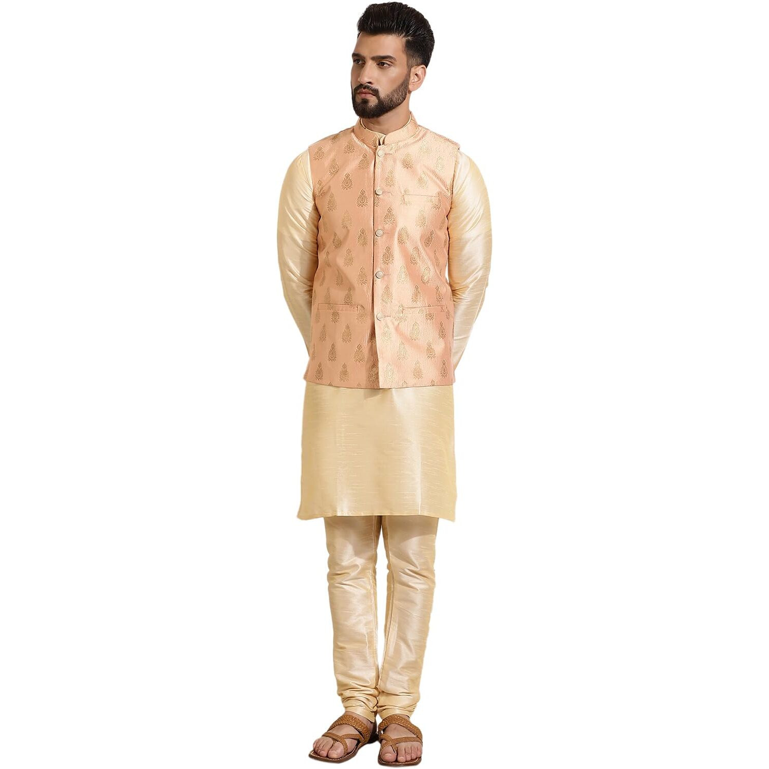 Sojanya (Since 1958 Men's Silk Blend Gold Kurta Pyjama & Peach Self Design Nehru Jacket Combo