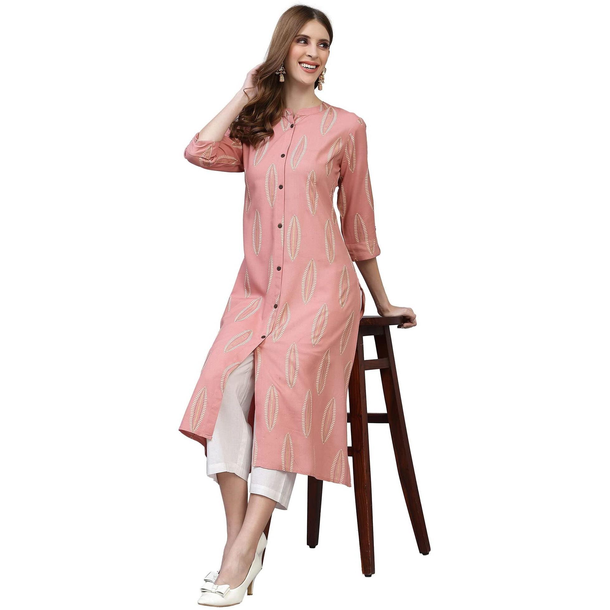 Stylum Women's Block Printed Rayon A-Line Kurta (Nomiblush36_Blush, S)