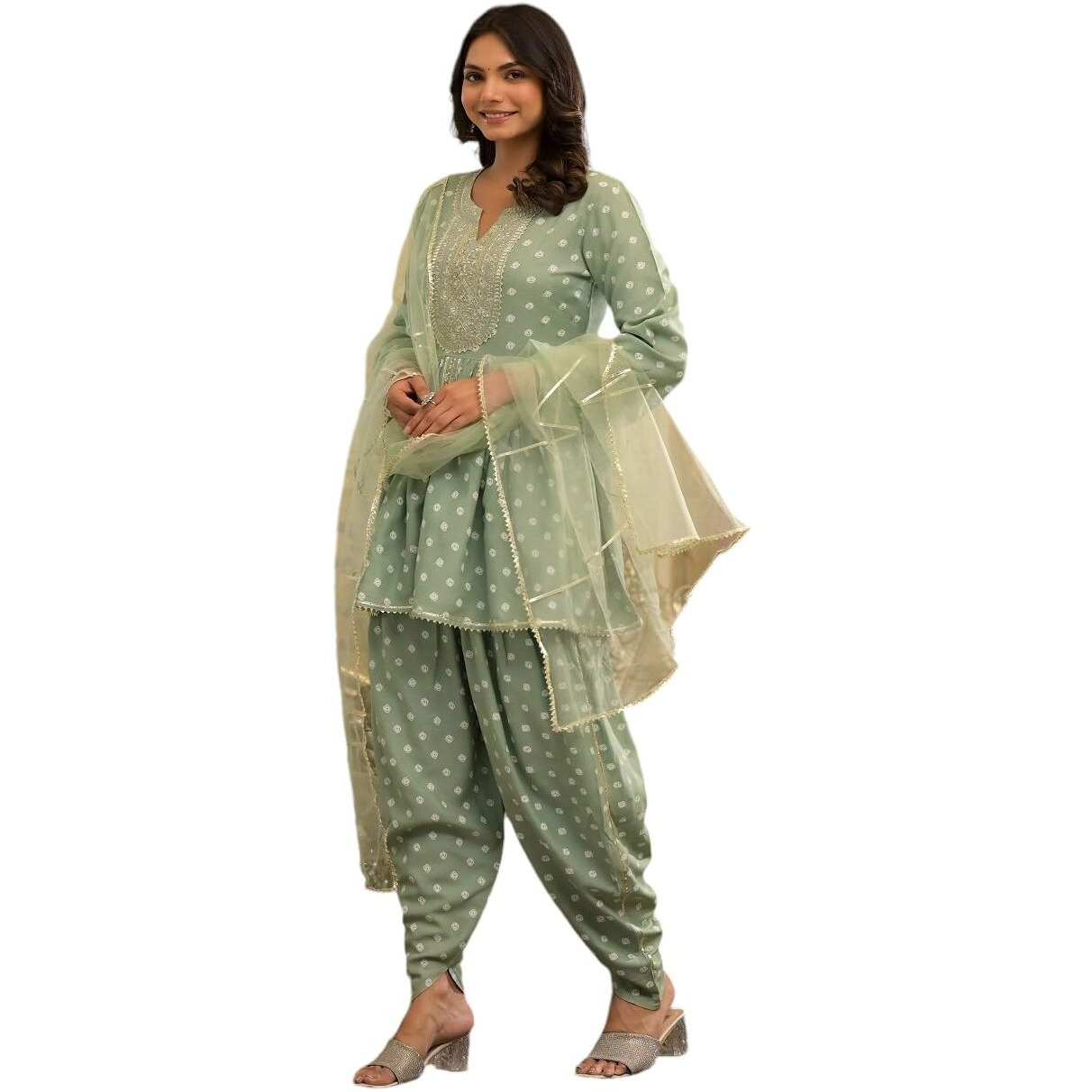 Stylum Women's Bandhani Printed & Embroidered Rayon Pleated Kurti With Dhoti Pant & Dupatta Set (Kpdgreenink38_Green, M)