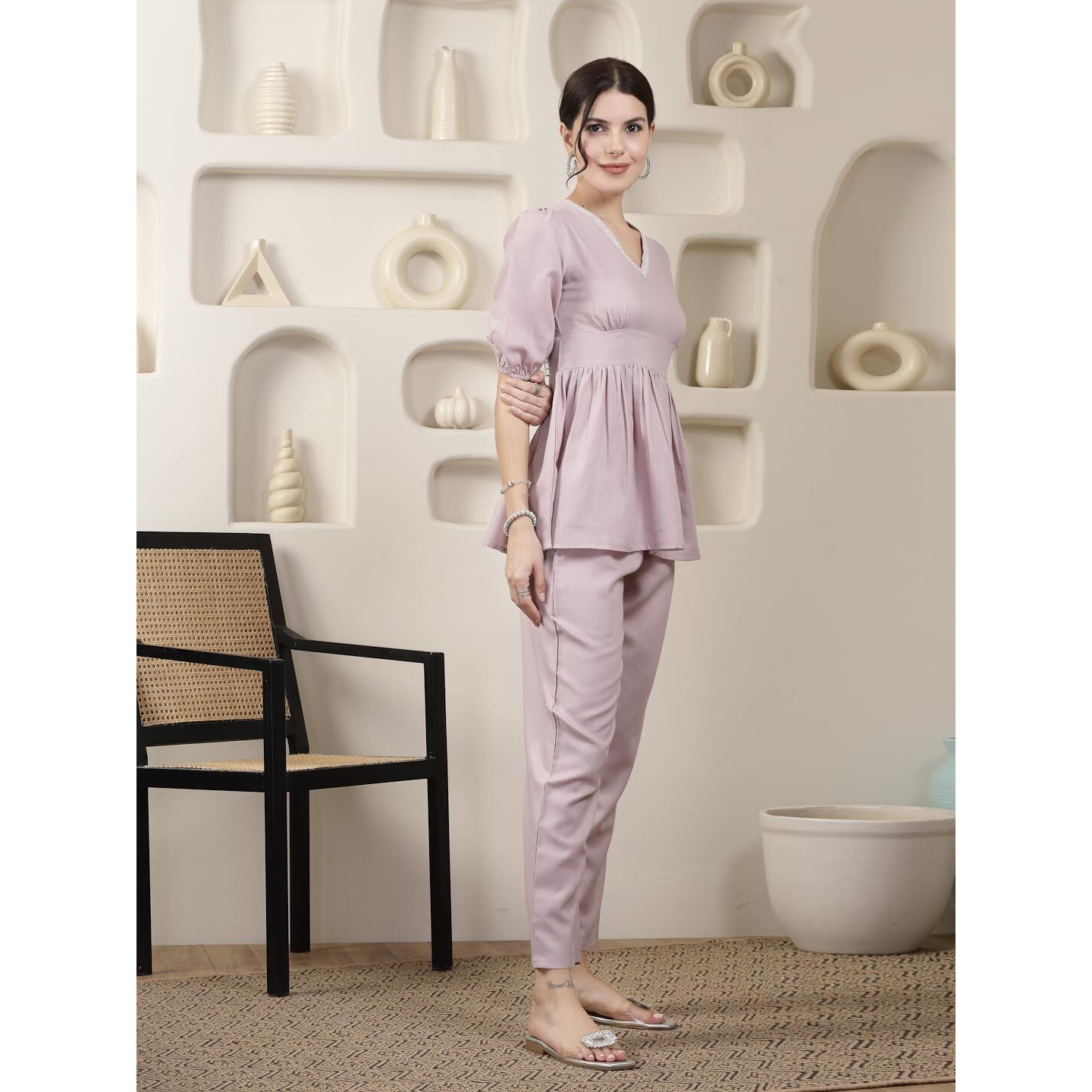 Stylum Women's Embroidered Cotton Blend Co-Ord Set (In, Alpha, S, Regular, Purple)