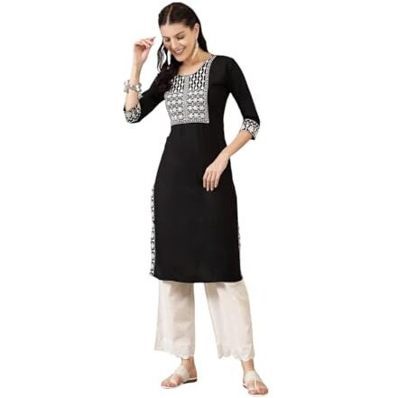 Stylum Women's Solid & Embroidered Rayon Straight Kurta (Blackadam38_Black, M)