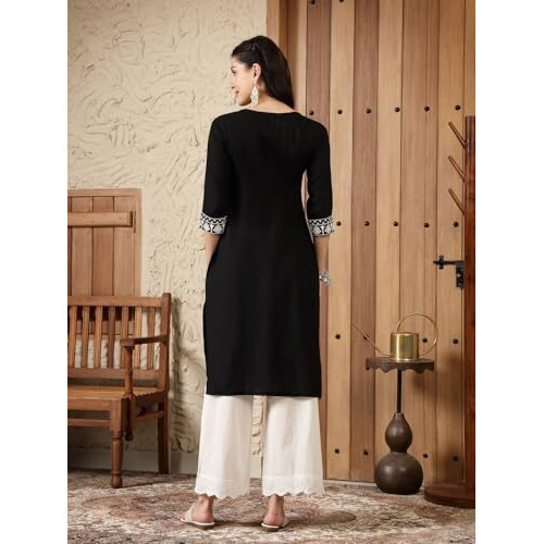 Stylum Women's Solid & Embroidered Rayon Straight Kurta (Blackadam38_Black, M)