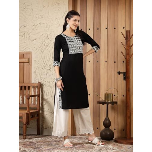 Stylum Women's Solid & Embroidered Rayon Straight Kurta (Blackadam38_Black, M)