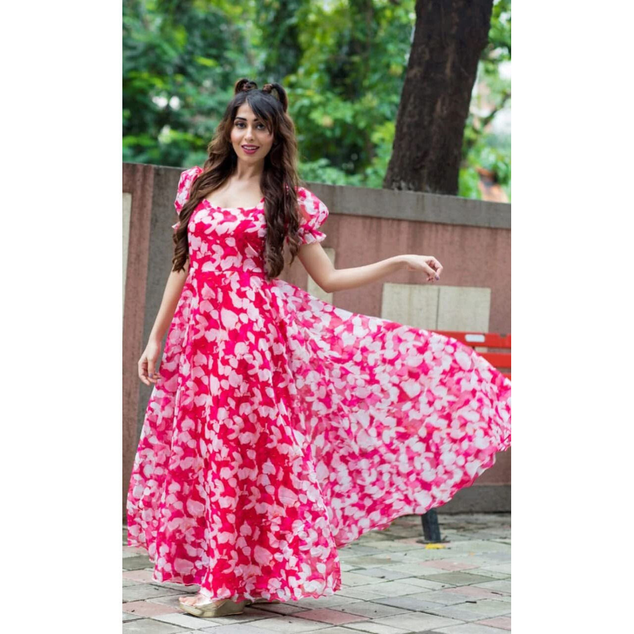 Sugathari Georgette Women Flare Calf Length Gown Dress For Women (Gown Dress2 39 Pink 3Xl)