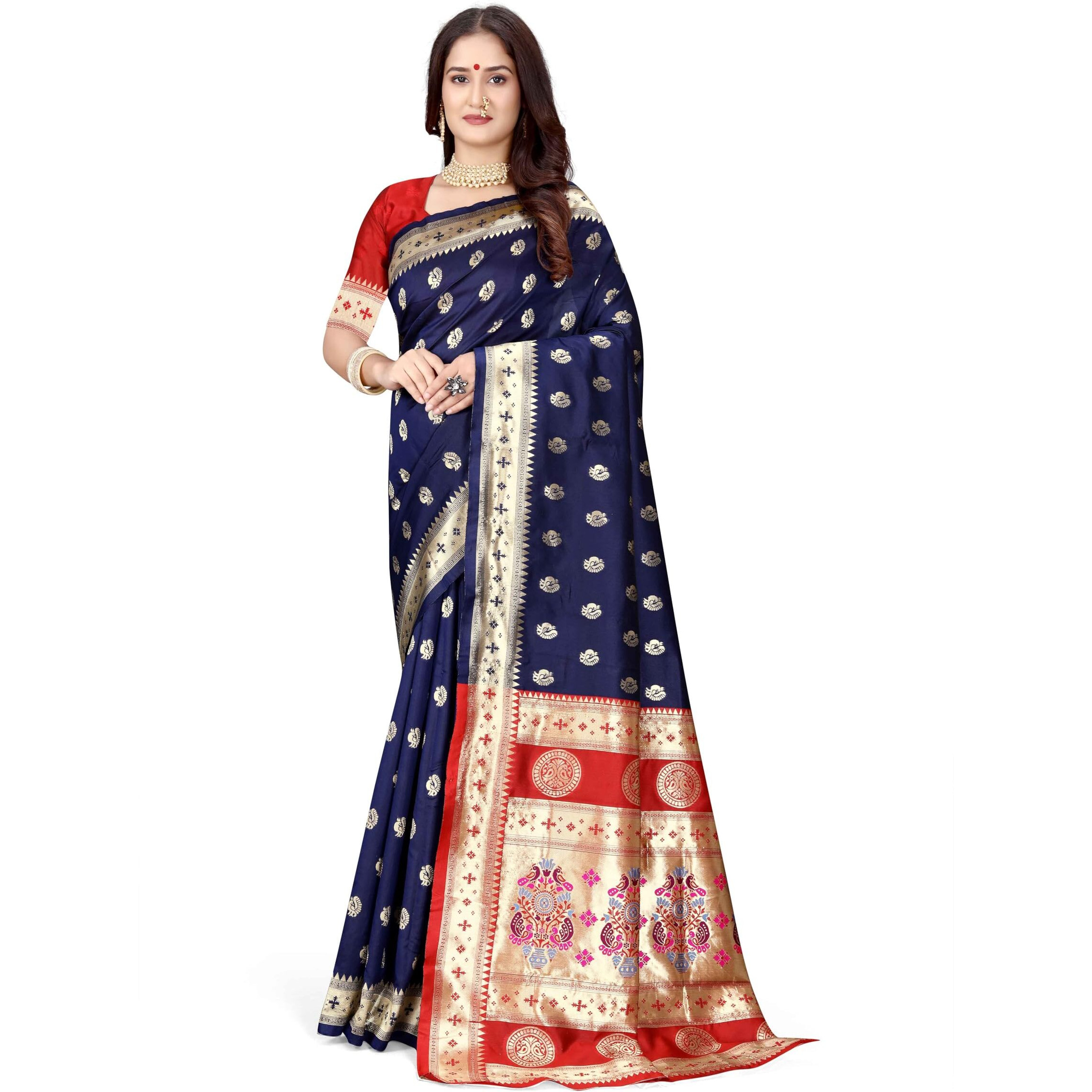 Sugathari Women's Banarasi Saree Pure Paithani Kanjivaram Silk Soft New Ladies 2024 Design Wear Sarees Latest Cotton Party Sari Collections With Blouse Piece For Wedding Sadi (Pari-201 Navy Blue)