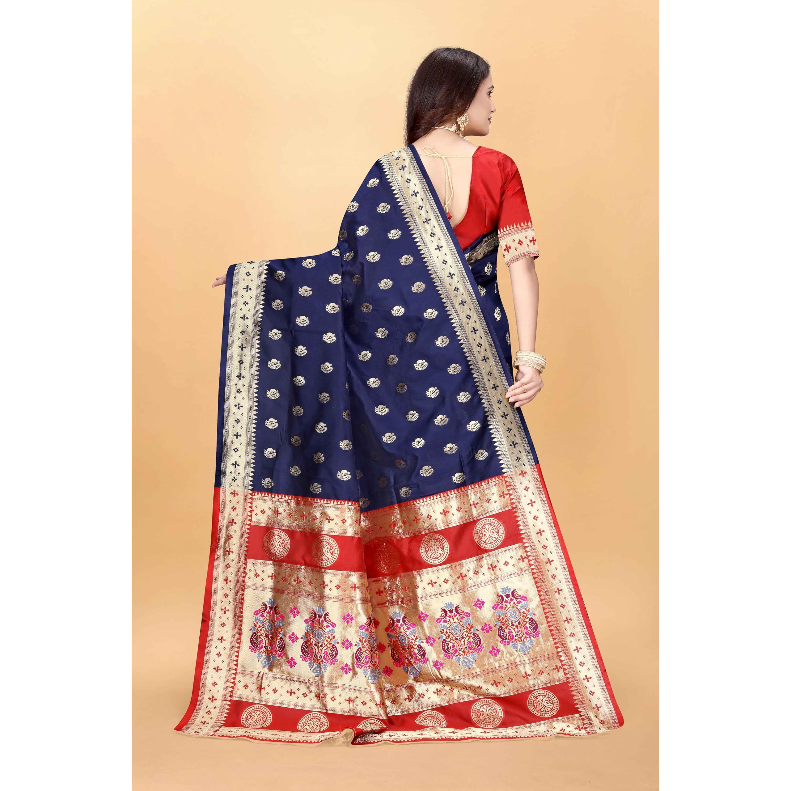 Sugathari Women's Banarasi Saree Pure Paithani Kanjivaram Silk Soft New Ladies 2024 Design Wear Sarees Latest Cotton Party Sari Collections With Blouse Piece For Wedding Sadi (Pari-201 Navy Blue)