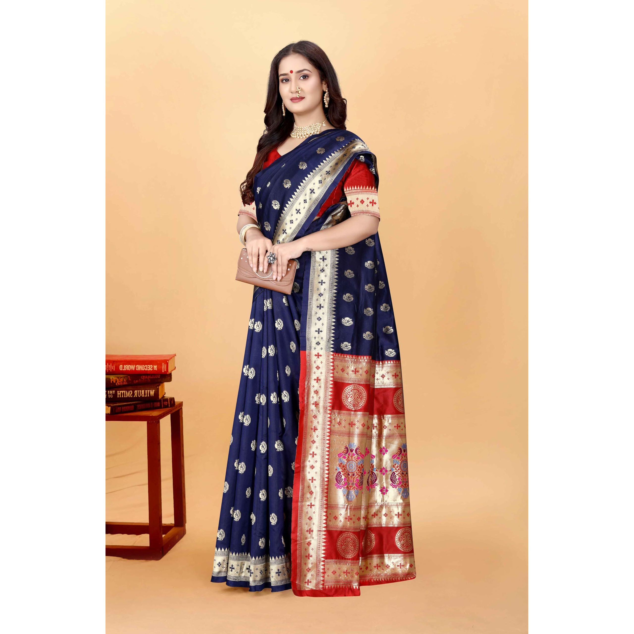 Sugathari Women's Banarasi Saree Pure Paithani Kanjivaram Silk Soft New Ladies 2024 Design Wear Sarees Latest Cotton Party Sari Collections With Blouse Piece For Wedding Sadi (Pari-201 Navy Blue)