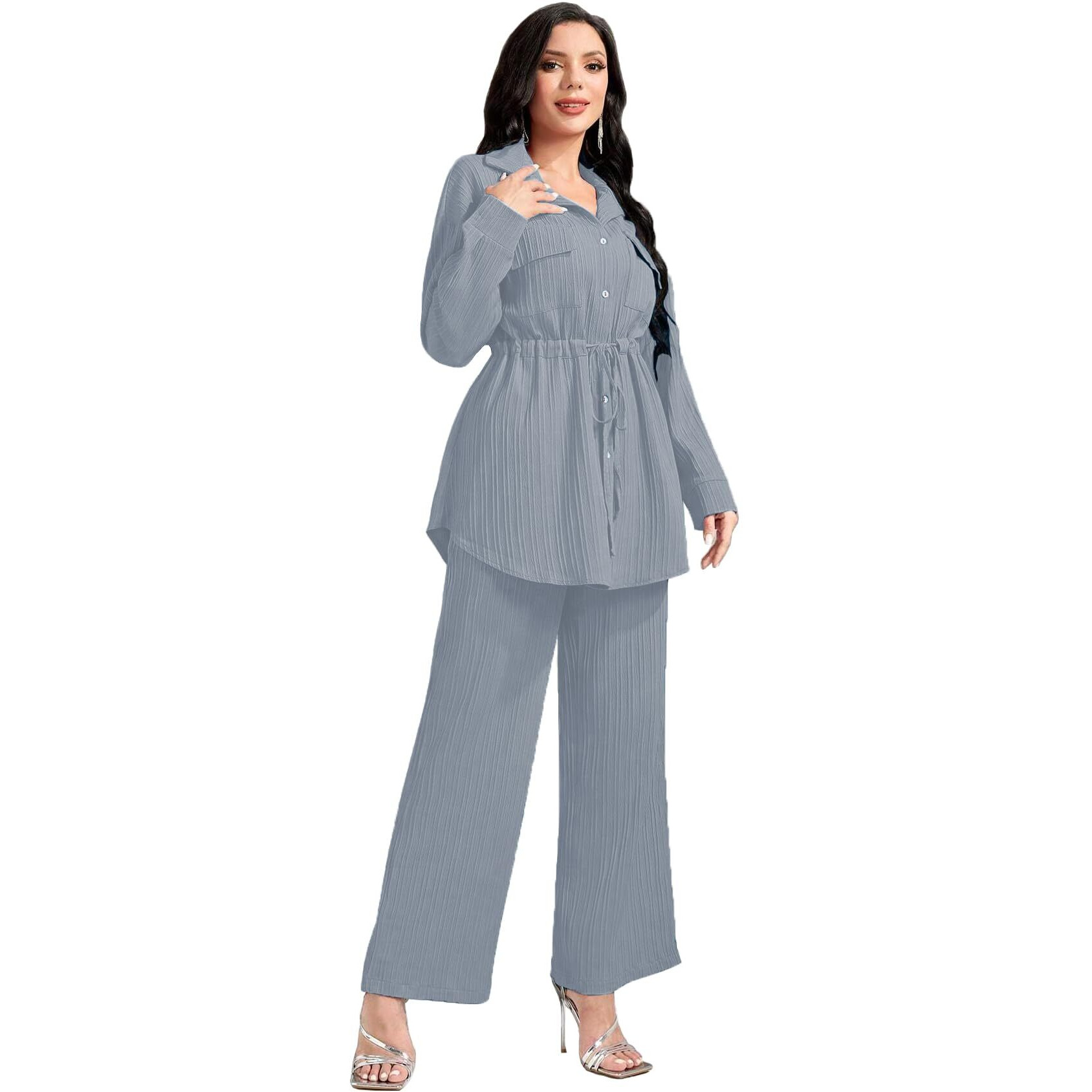Tadkee Polyester Women's Solid Color Casual Long Sleeve Top And Pant Co-Ord Set With Pockets | Co Ord Set For Women | Kurta Set For Women (Fn-Sugar-Full-Pocket-127-Aqua-M)