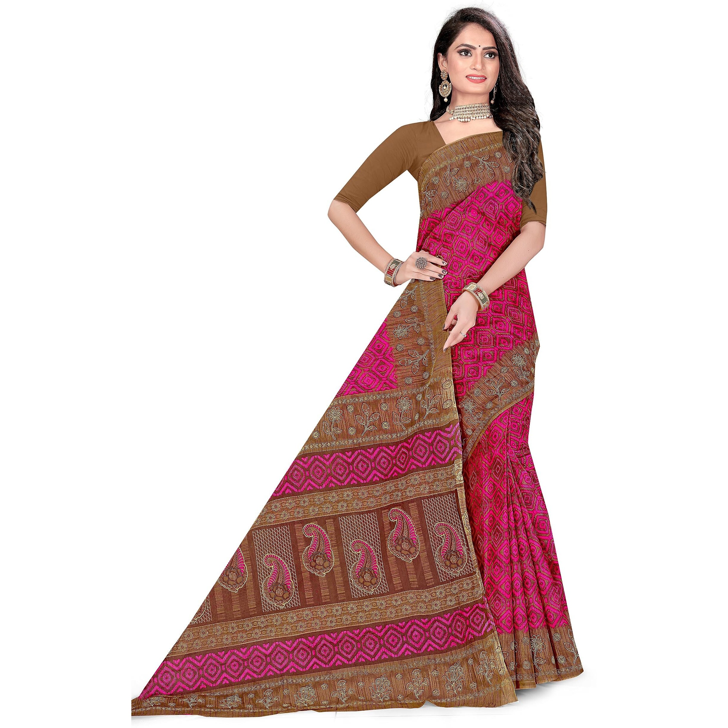 Tamaira Fashion Women's Plain Weave Pure Cotton Saree Without Blouse Piece(11088_Pink)