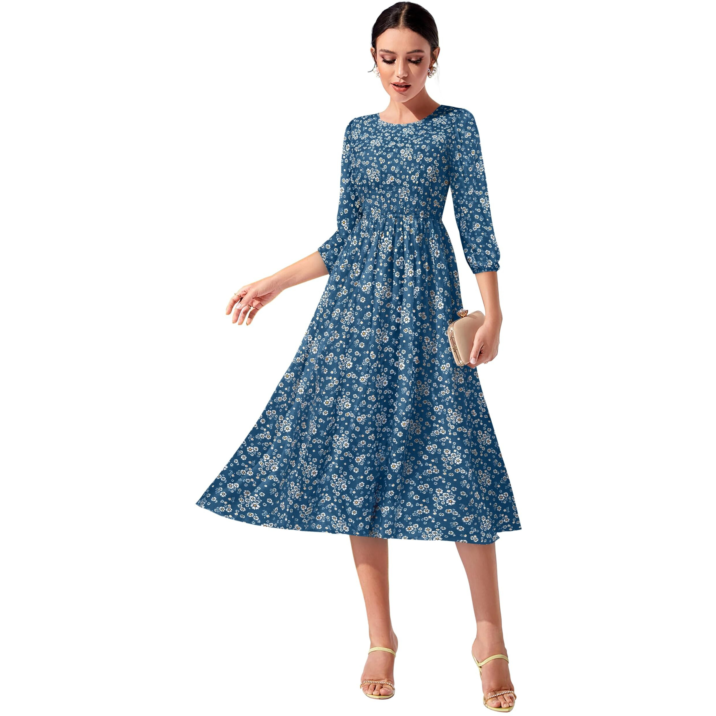 Toochki Women's Teal Blue Muslin Floral Fit & Flared Western Dress | Dress For Women | A Line Dress | Winter Dress | Western Dress | Latest Women Dress | Trendy Dress | Midi Dress