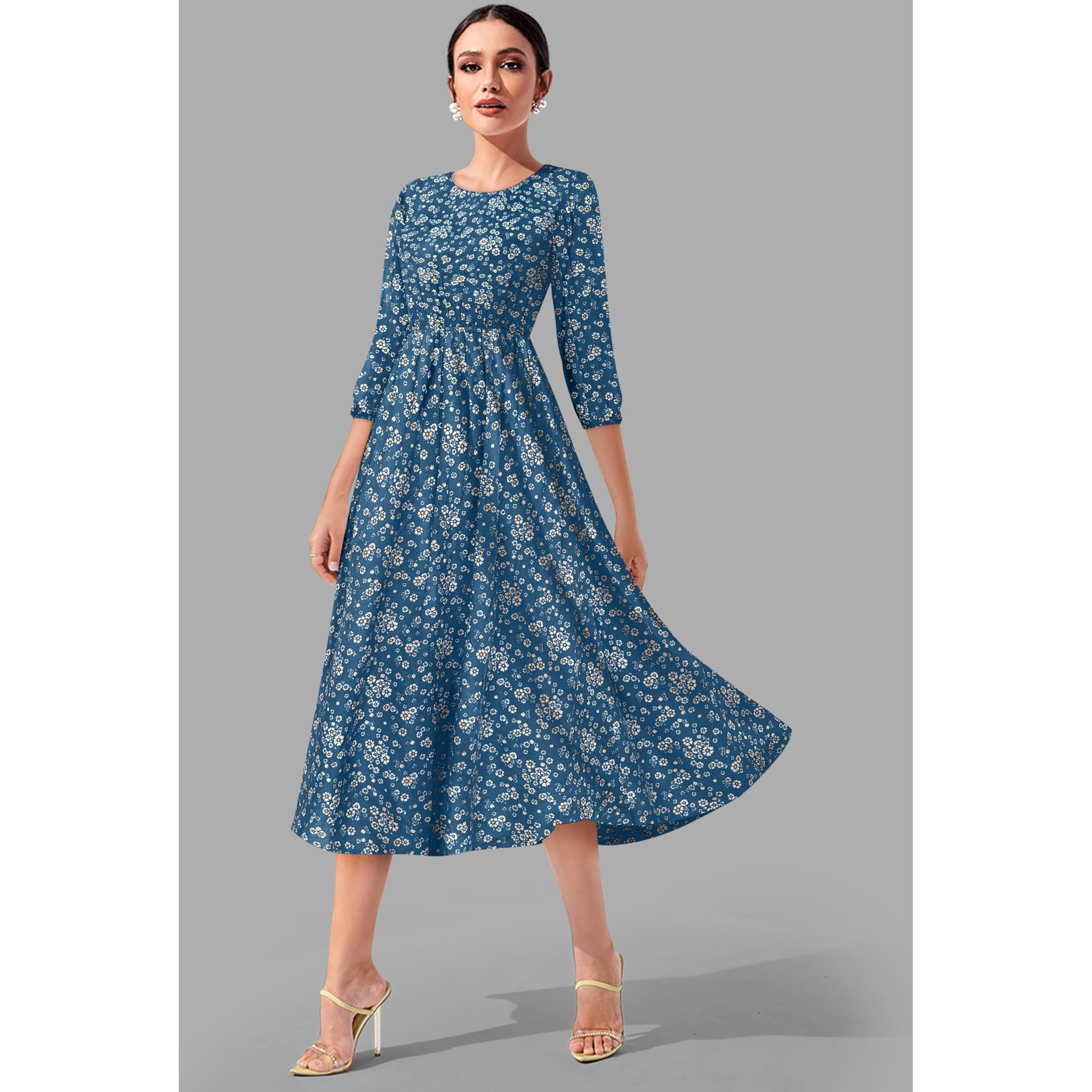 Toochki Women's Teal Blue Muslin Floral Fit & Flared Western Dress | Dress For Women | A Line Dress | Winter Dress | Western Dress | Latest Women Dress | Trendy Dress | Midi Dress