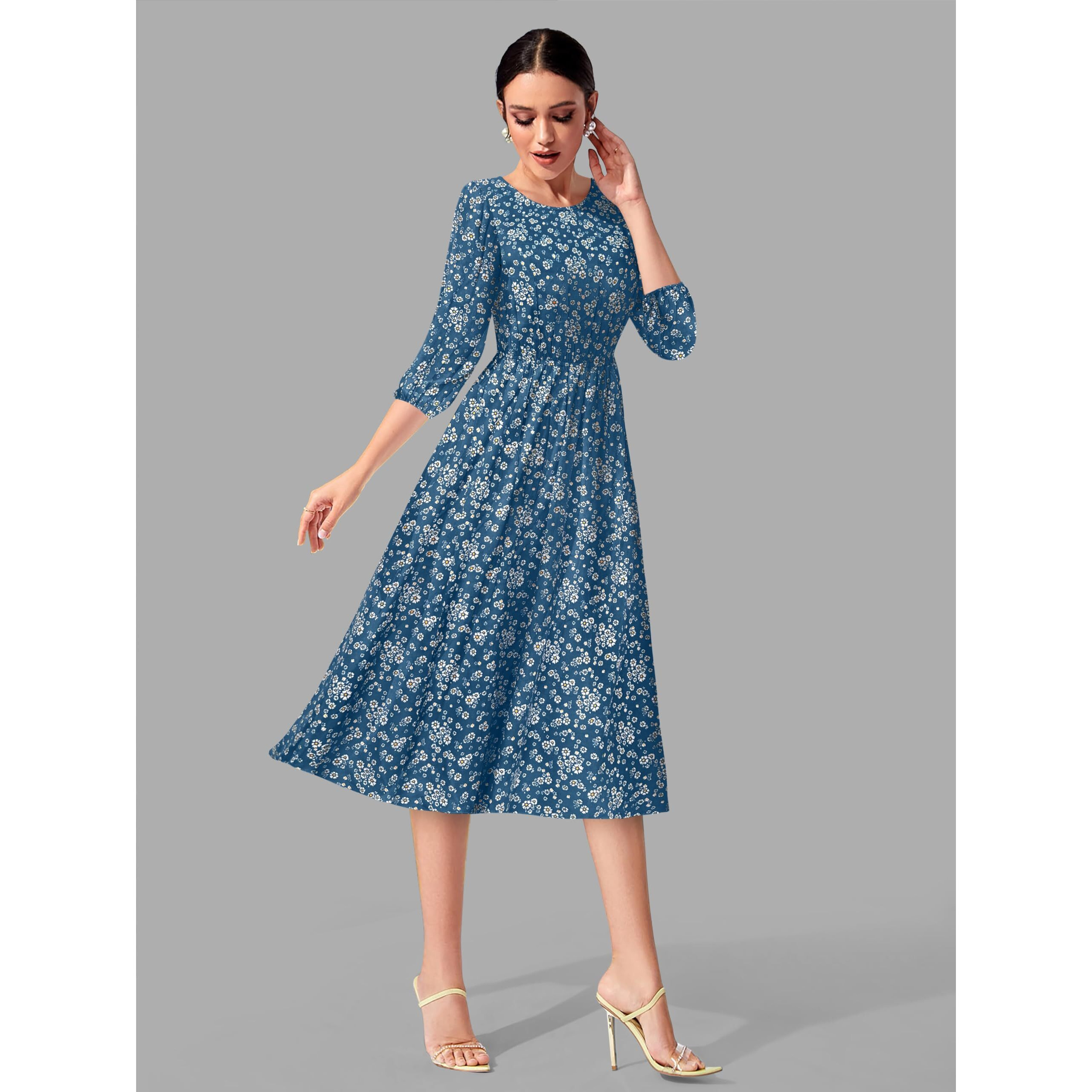 Toochki Women's Teal Blue Muslin Floral Fit & Flared Western Dress | Dress For Women | A Line Dress | Winter Dress | Western Dress | Latest Women Dress | Trendy Dress | Midi Dress