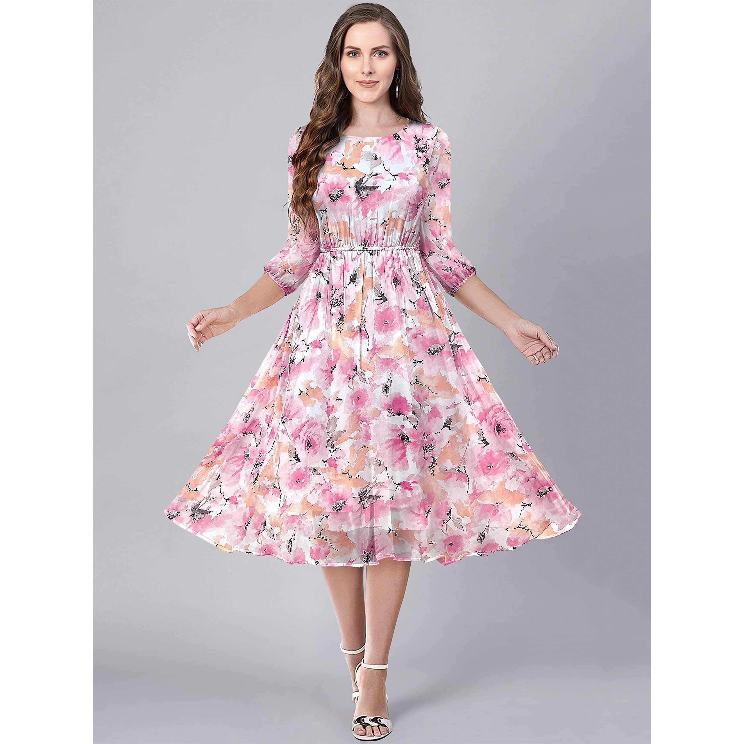 Toochki Pink Georgette Floral Fit & Flared Kurti Kurta Dress For Women A Line Suitable In Summer Latest Trendy Stylish Kurtas