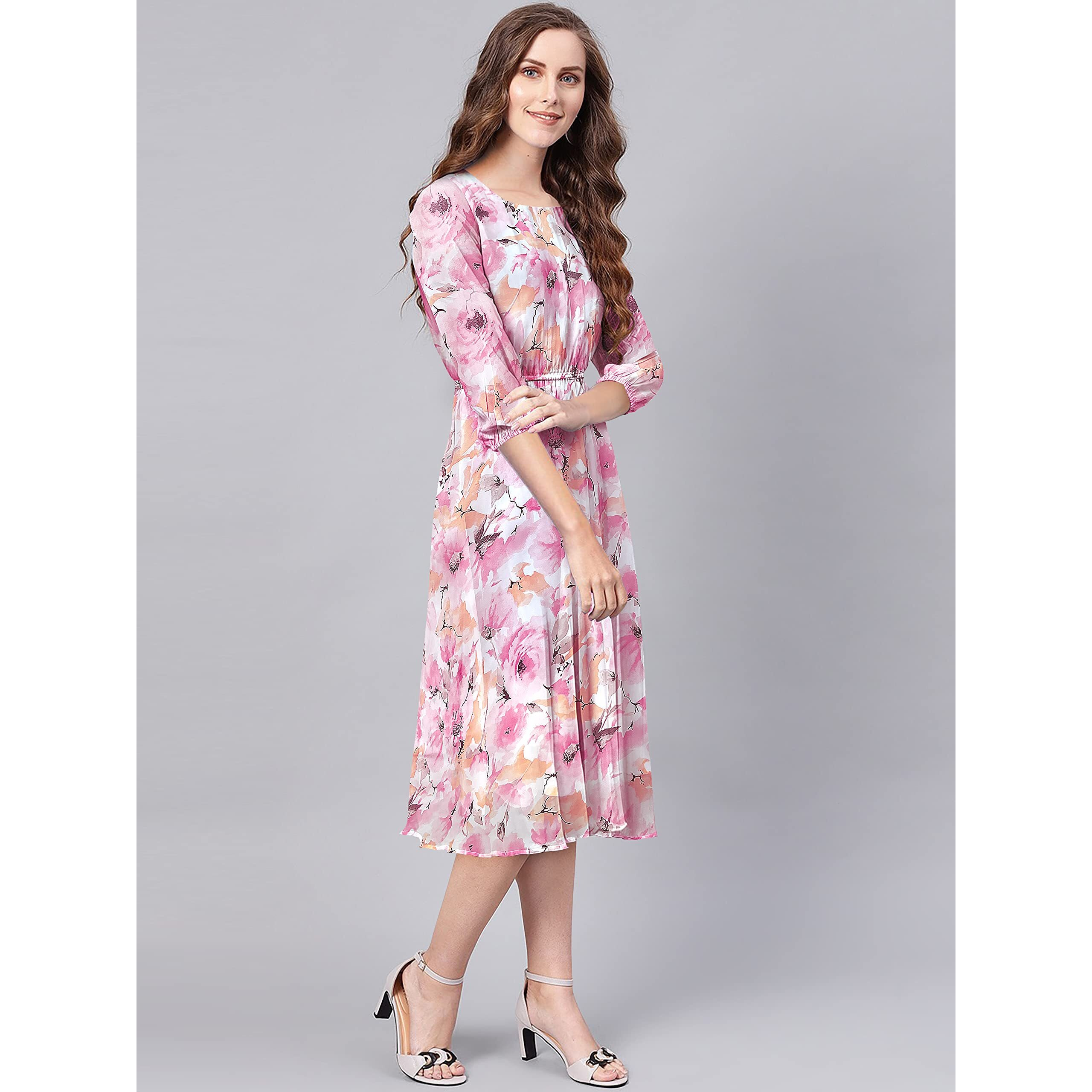 Toochki Pink Georgette Floral Fit & Flared Kurti Kurta Dress For Women A Line Suitable In Summer Latest Trendy Stylish Kurtas