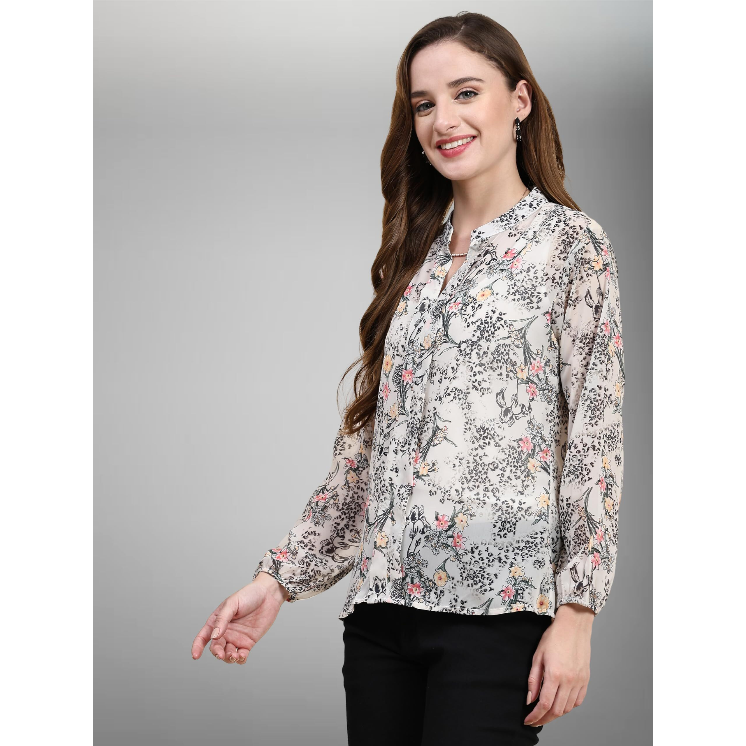 Toochki Top For Women | Grey Top For Women | Georgette Western Top For Women | Short Top For Women | Crop Top For Women | Floral Printed Tops | Top For Jeans | Casual Top For Women