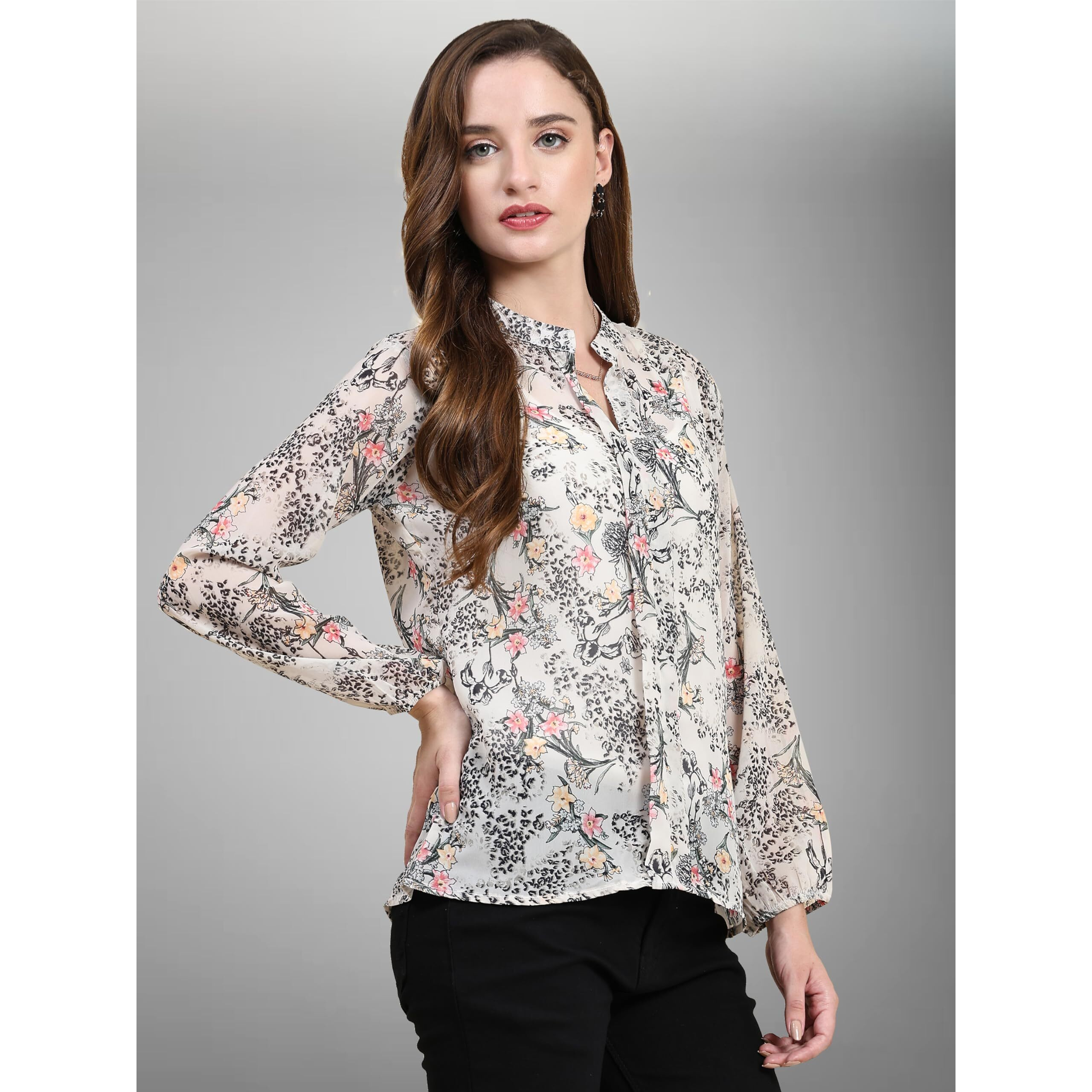 Toochki Top For Women | Grey Top For Women | Georgette Western Top For Women | Short Top For Women | Crop Top For Women | Floral Printed Tops | Top For Jeans | Casual Top For Women