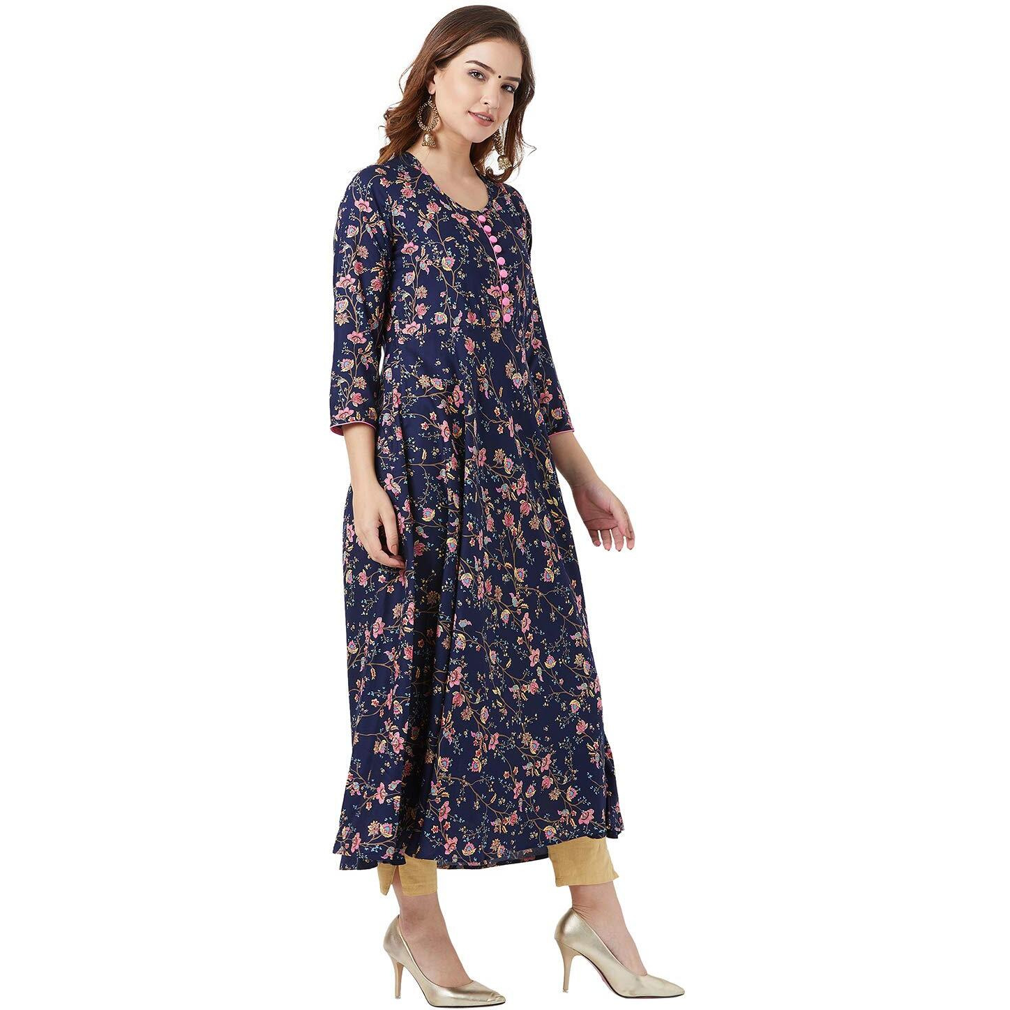 Tissu Women's Rayon Floral Printed Flared Kurta (Dark Blue 5Xl)