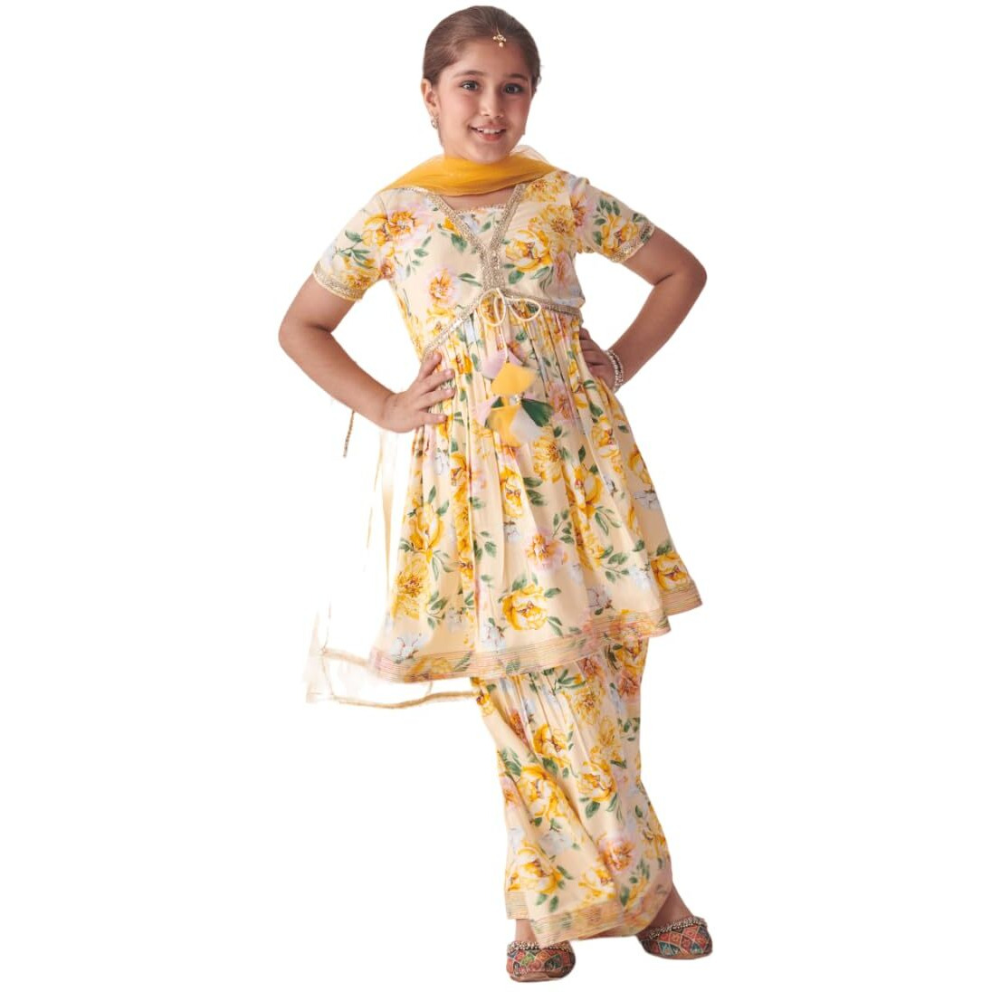 Pspeaches Girl's Cotton Sharara Set (Sha-Offwhiteyljaal-10-12Y_Offwhite