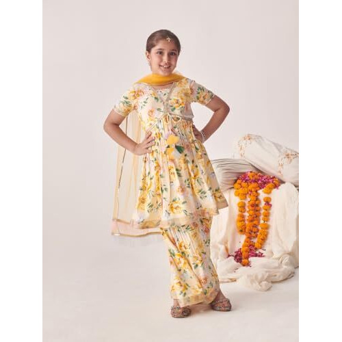 Pspeaches Girl's Cotton Sharara Set (Sha-Offwhiteyljaal-10-12Y_Offwhite