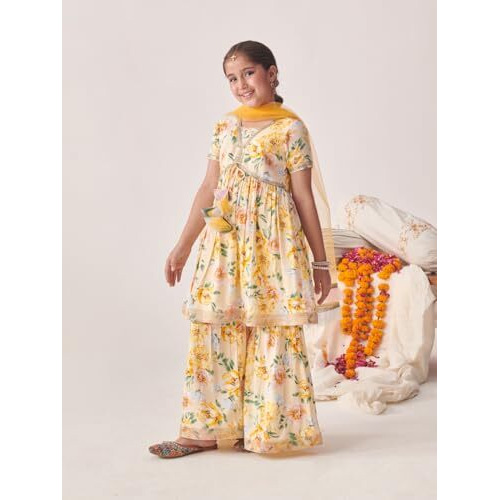 Pspeaches Girl's Cotton Sharara Set (Sha-Offwhiteyljaal-10-12Y_Offwhite