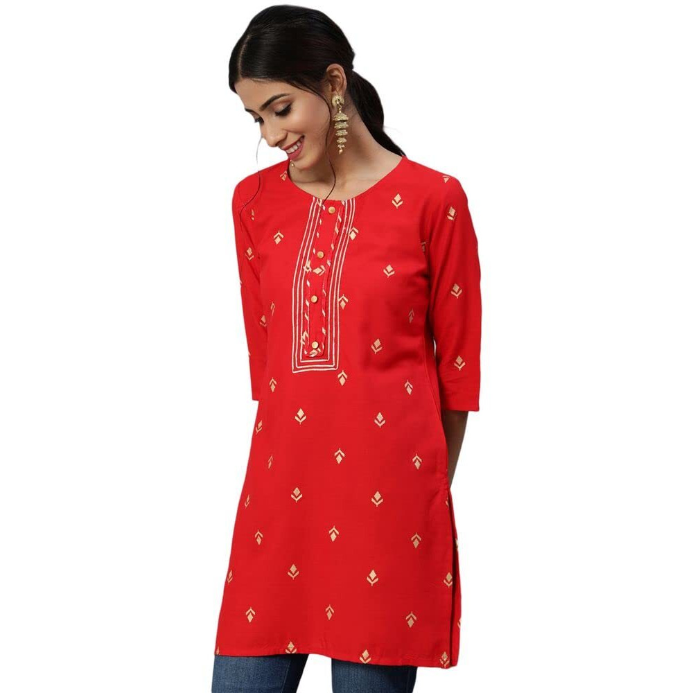 Anubhutee Women's Rayon Red Gota Patti Ethnic Motifs Printed Straight Kurti
