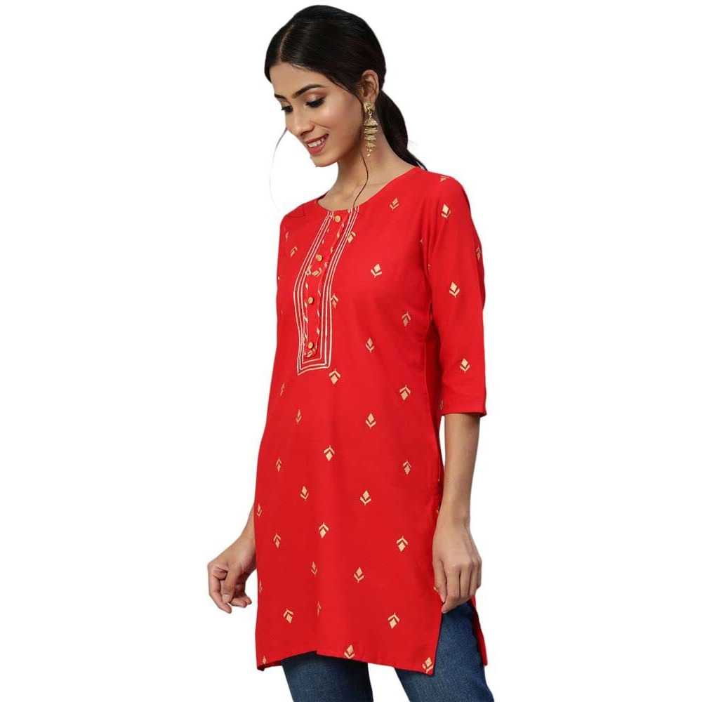 Anubhutee Women's Rayon Red Gota Patti Ethnic Motifs Printed Straight Kurti