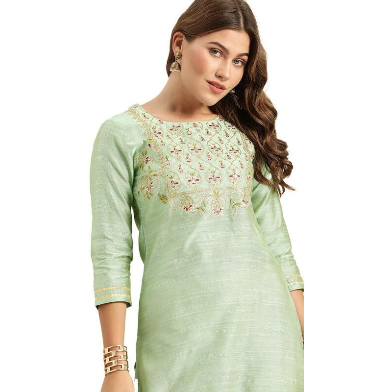 Varanga Women's Sea Green Floral Embroidered Kurta  Ethnic, Stylish & Comfortable - Perfect For Casual & Formal Occasions (Large)