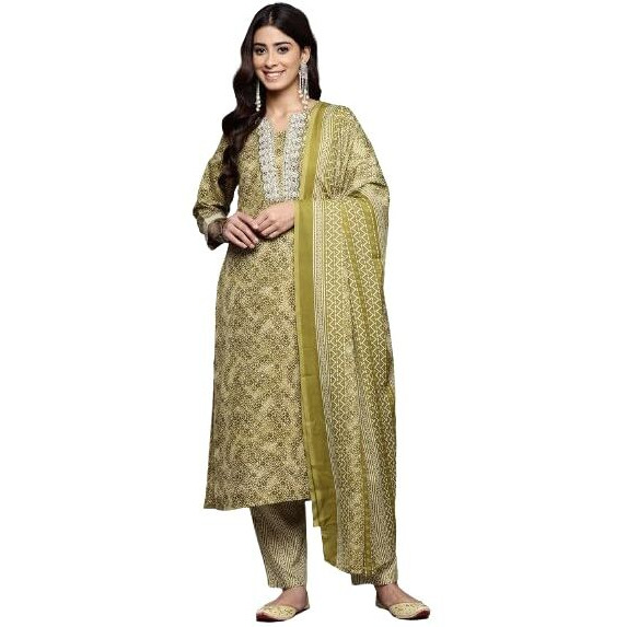 Varanga Women Green Round Neck Printed Yoke Embroidered Kurta With Bottom And Dupatta