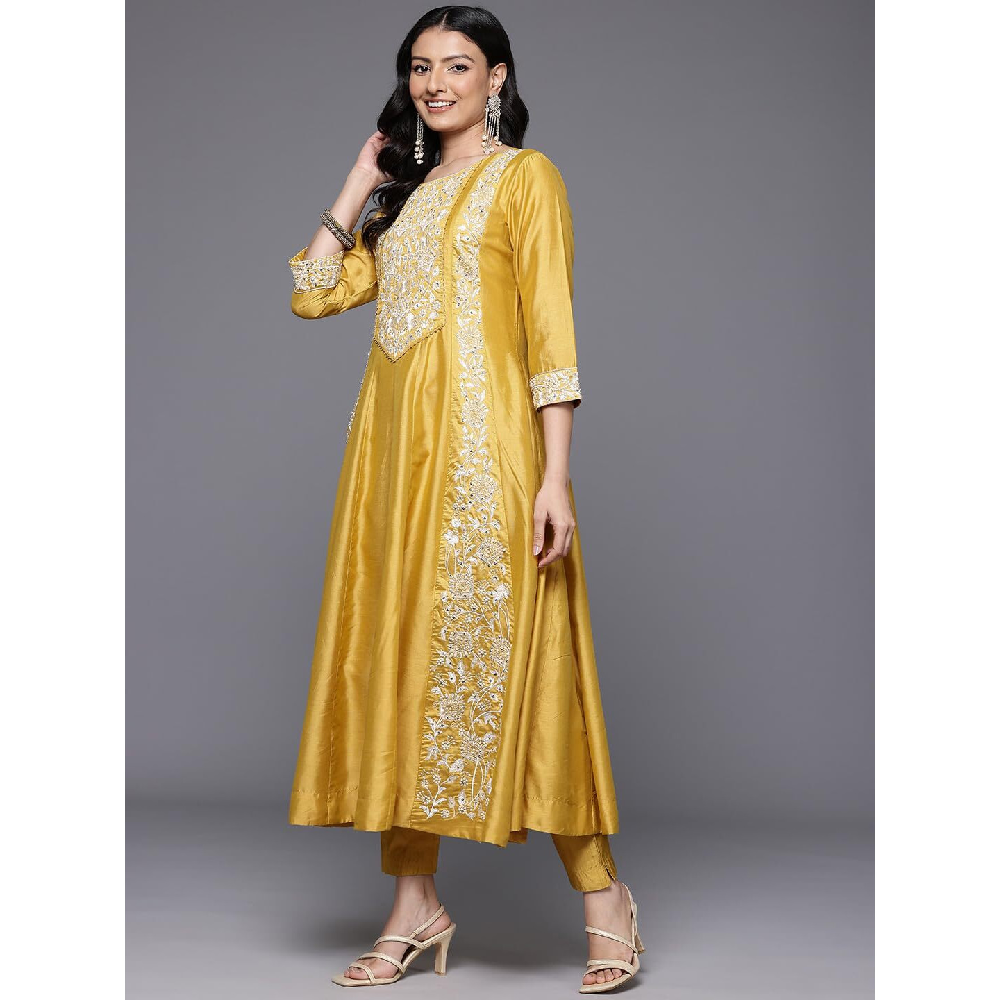 Varanga Women Yellow Floral Thread Embroidered Anarkali Kurta With Bottom & Dupatta  Elegant Ethnic Wear