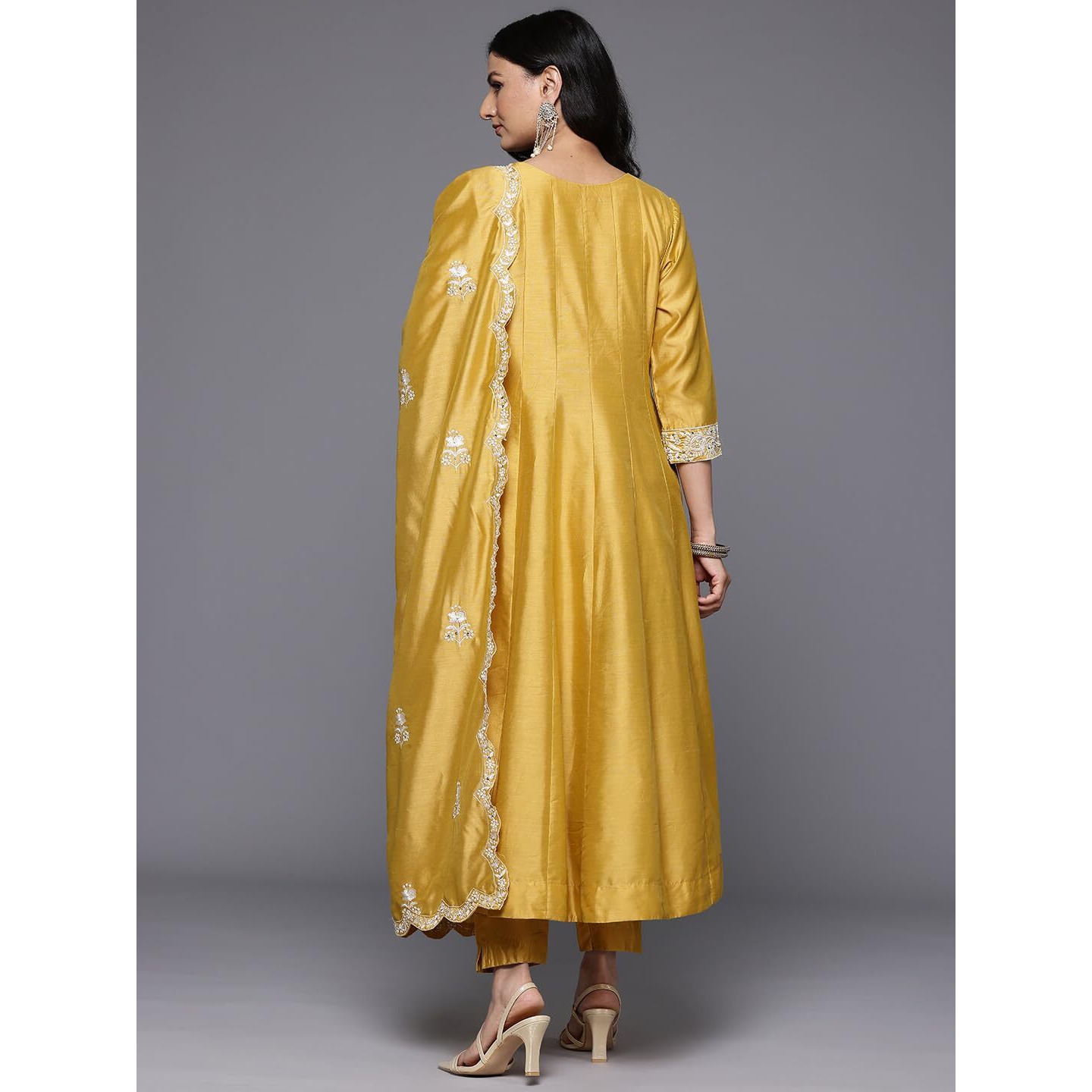 Varanga Women Yellow Floral Thread Embroidered Anarkali Kurta With Bottom & Dupatta  Elegant Ethnic Wear