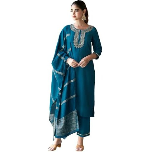 Sanisa Women's Cotton Blend Embroidery Straight Kurta With Pant And Dupatta (154Kbd1662N-S_Teal Blue3)