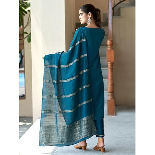 Sanisa Women's Cotton Blend Embroidery Straight Kurta With Pant And Dupatta (154Kbd1662N-S_Teal Blue3)