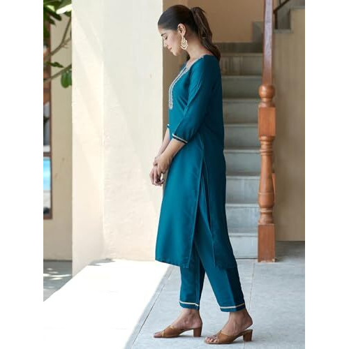 Sanisa Women's Cotton Blend Embroidery Straight Kurta With Pant And Dupatta (154Kbd1662N-S_Teal Blue3)