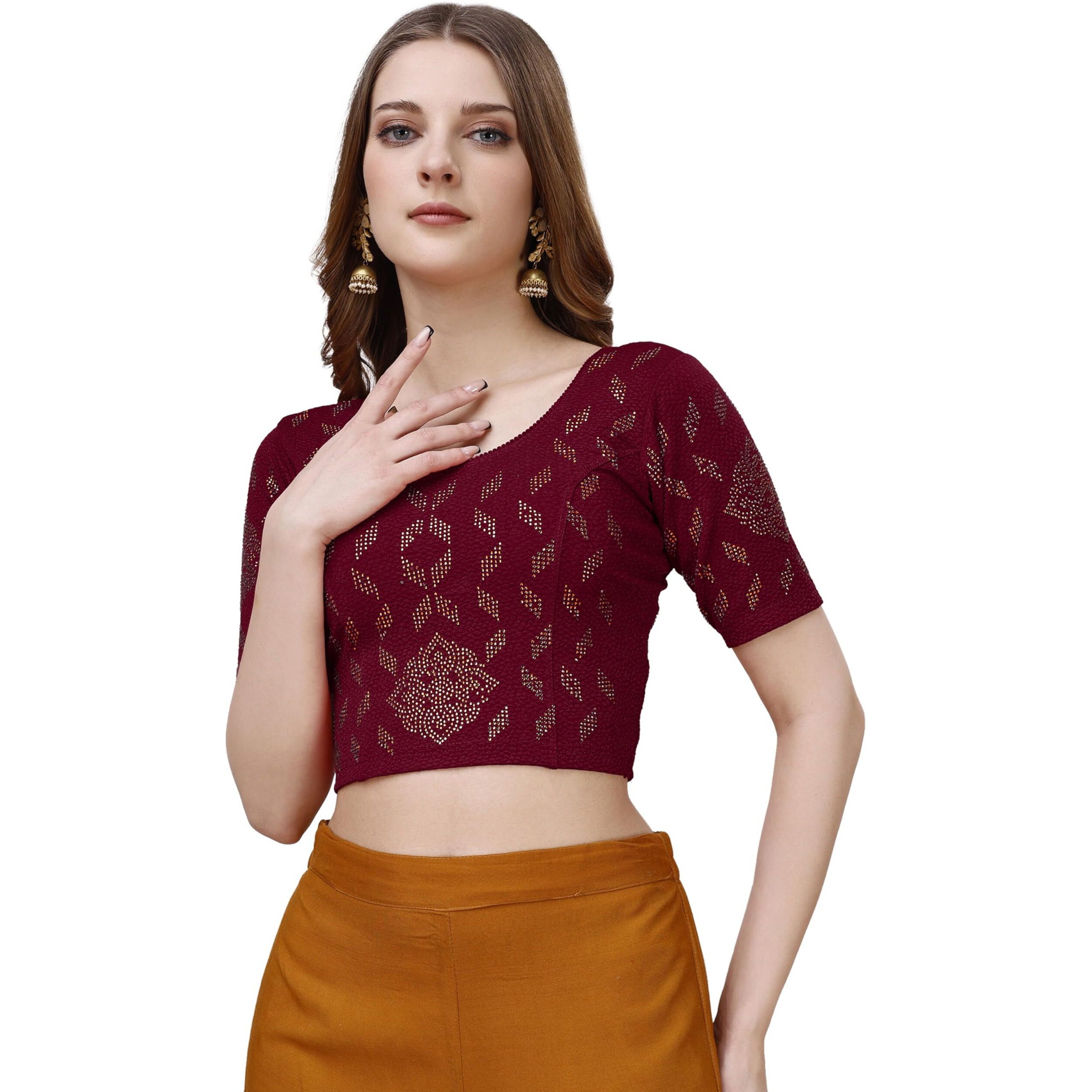 Vihu Fashion Women's Readymade Hosiery Lycra Stretchable Round Neck Half Sleeve Blouse With Swaroski Work Fancy Lycra Stretchable Maroon Blouse For Women Readymade Saree Blouse