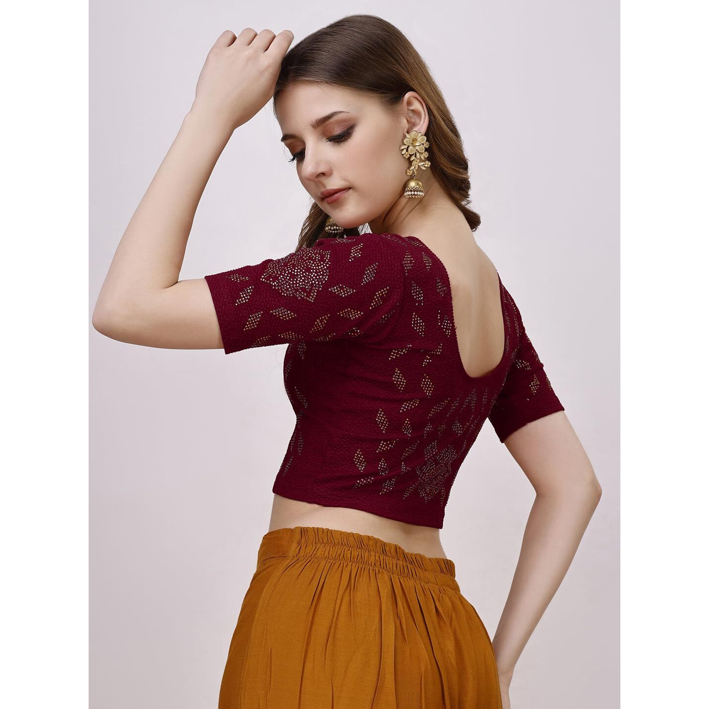 Vihu Fashion Women's Readymade Hosiery Lycra Stretchable Round Neck Half Sleeve Blouse With Swaroski Work Fancy Lycra Stretchable Maroon Blouse For Women Readymade Saree Blouse