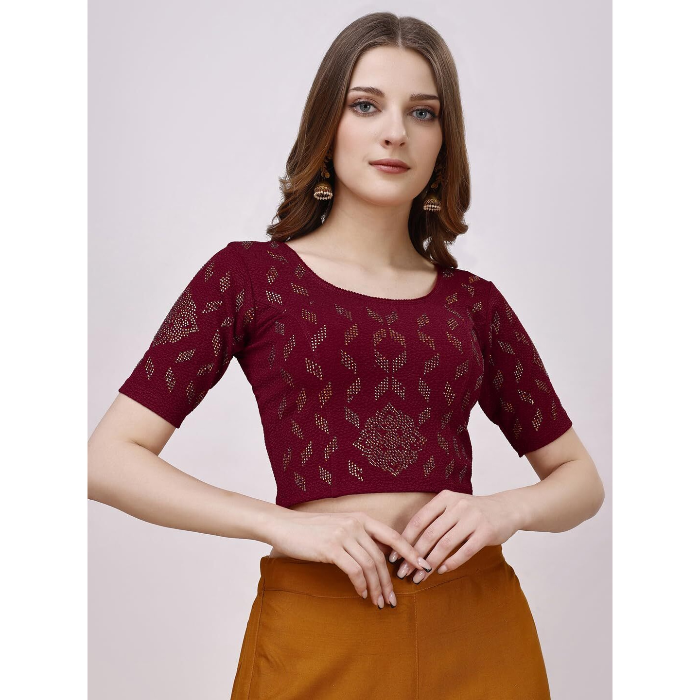 Vihu Fashion Women's Readymade Hosiery Lycra Stretchable Round Neck Half Sleeve Blouse With Swaroski Work Fancy Lycra Stretchable Maroon Blouse For Women Readymade Saree Blouse