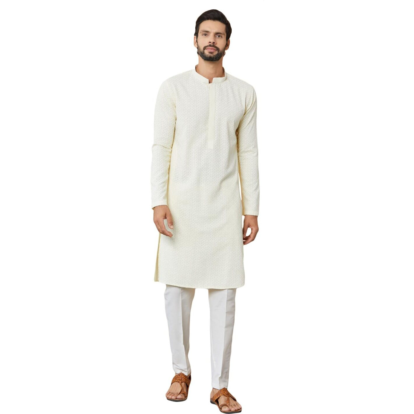 See Designs Men's Long Sleeve Mandarin Collar Side Slit Cream Embroidered Chikankari Rayon Straight Kurta - Sdkt2563Xs