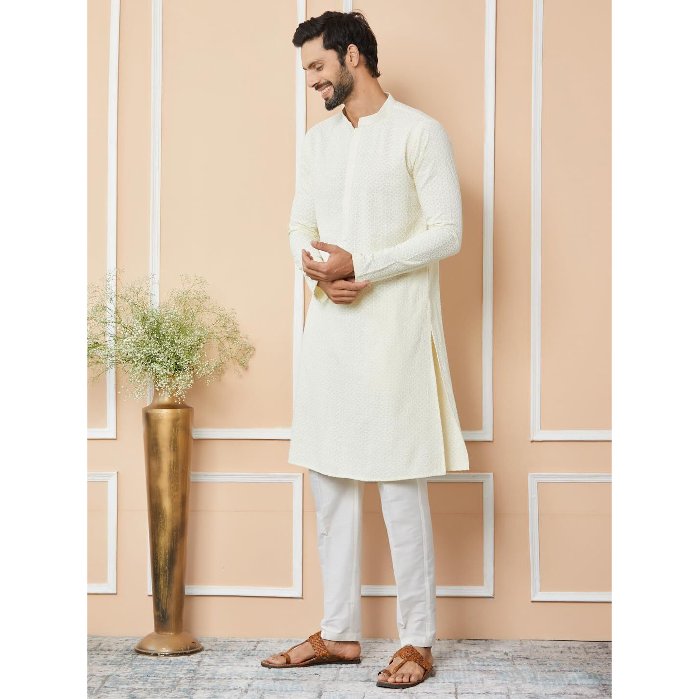 See Designs Men's Long Sleeve Mandarin Collar Side Slit Cream Embroidered Chikankari Rayon Straight Kurta - Sdkt2563Xs