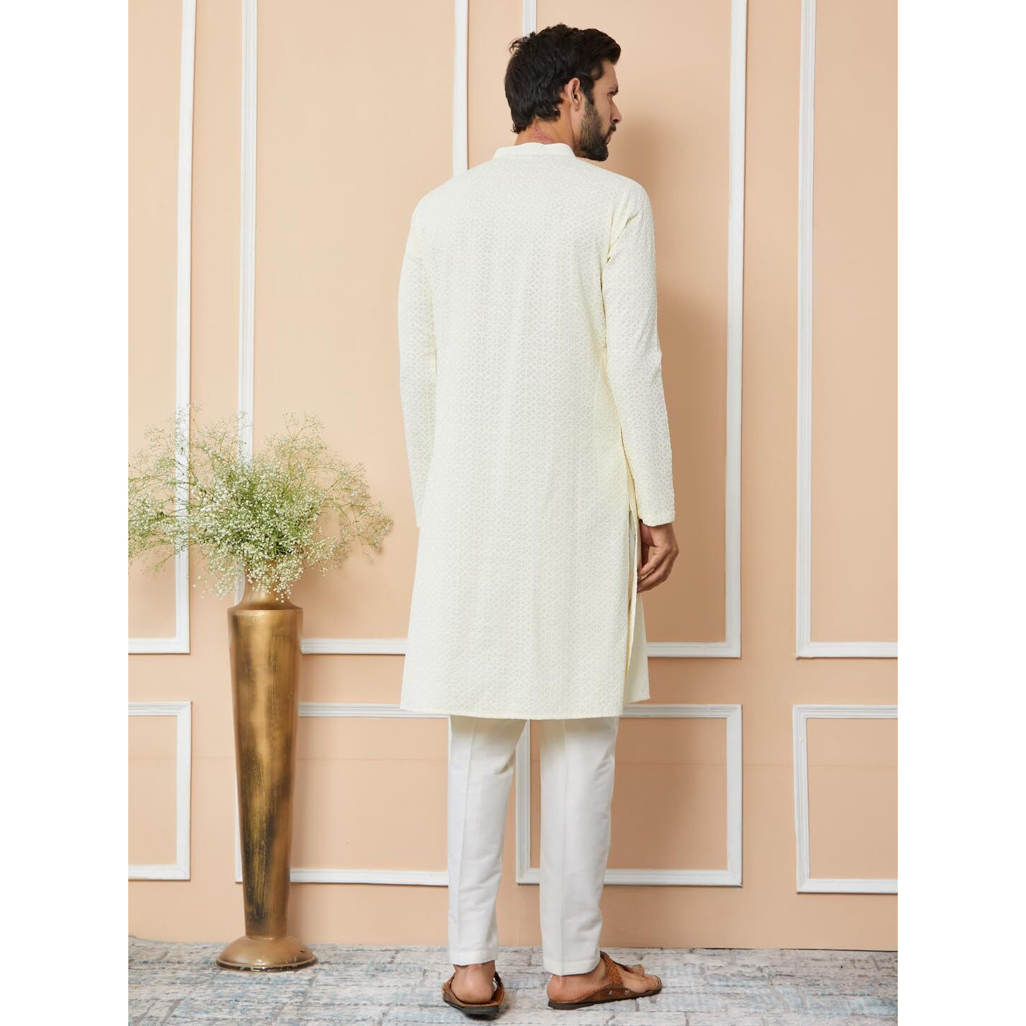 See Designs Men's Long Sleeve Mandarin Collar Side Slit Cream Embroidered Chikankari Rayon Straight Kurta - Sdkt2563Xs