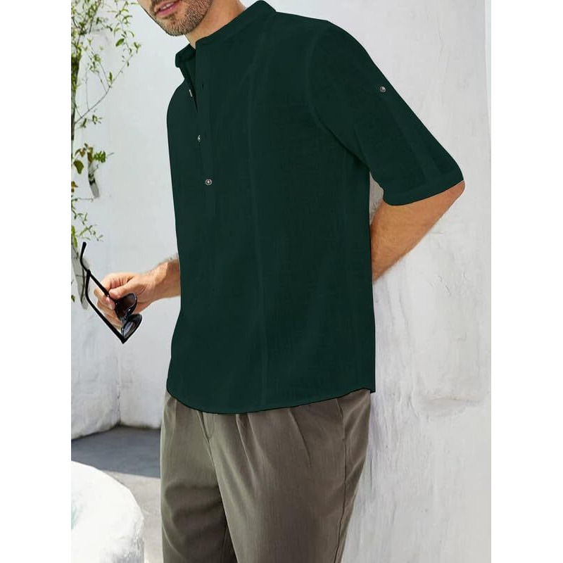Be Active Men's Solid 100% Cotton Short Kurta With Mandarin Collar || 3/4Th Sleeves Short Kurta For Men Cotton || Stylish Short Kurta || Short Kurta Men (Cpl0149-5-Xl) Green