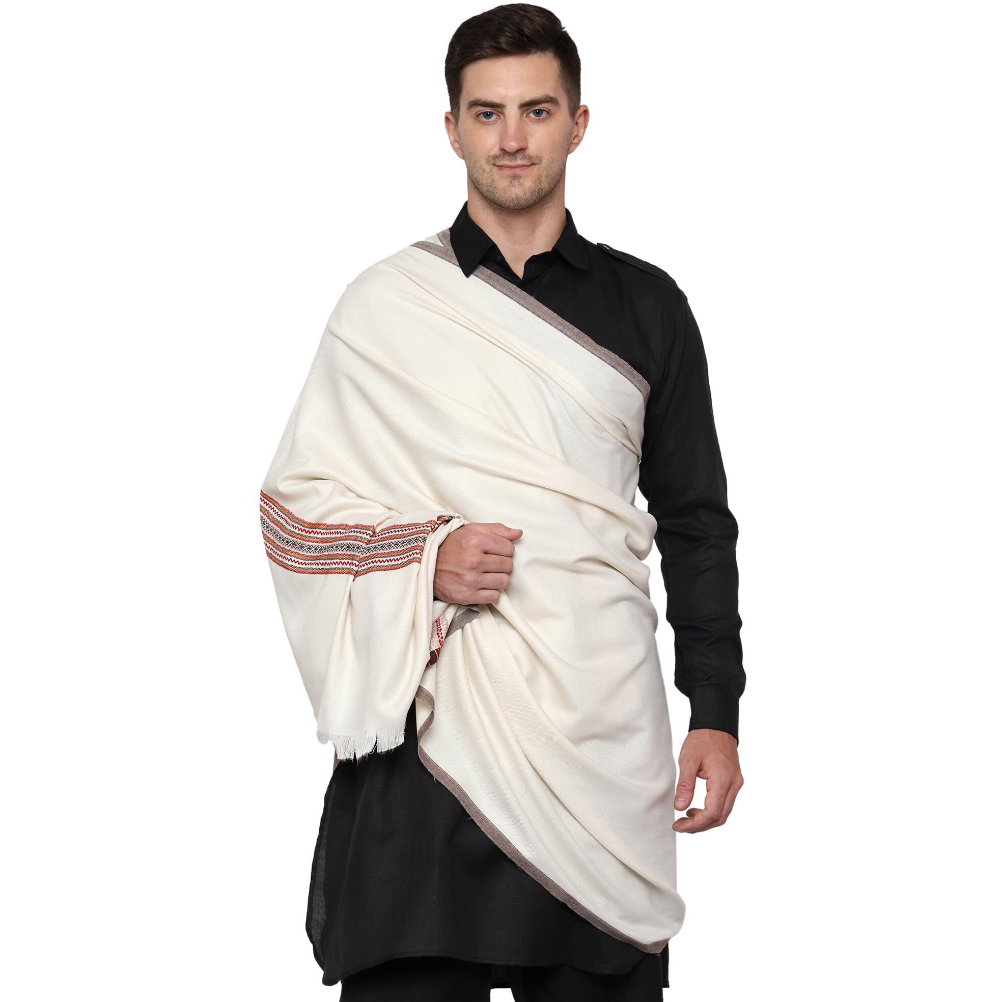 Weavers Villa Men's Poly Wool Kullu Border Lohi Shawl (White), 112Cm X 225Cm