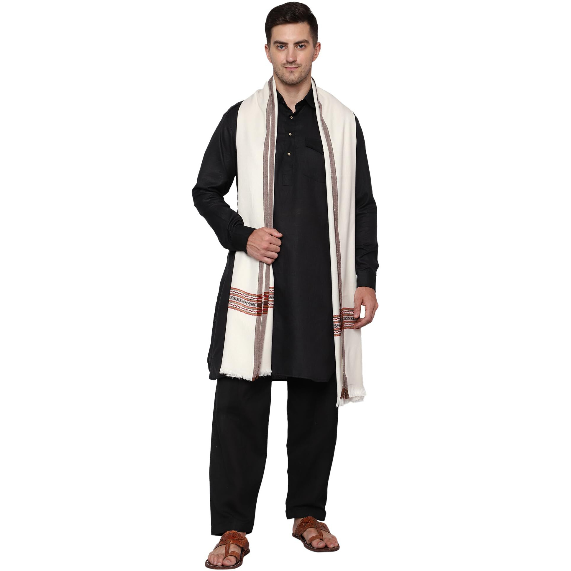 Weavers Villa Men's Poly Wool Kullu Border Lohi Shawl (White), 112Cm X 225Cm
