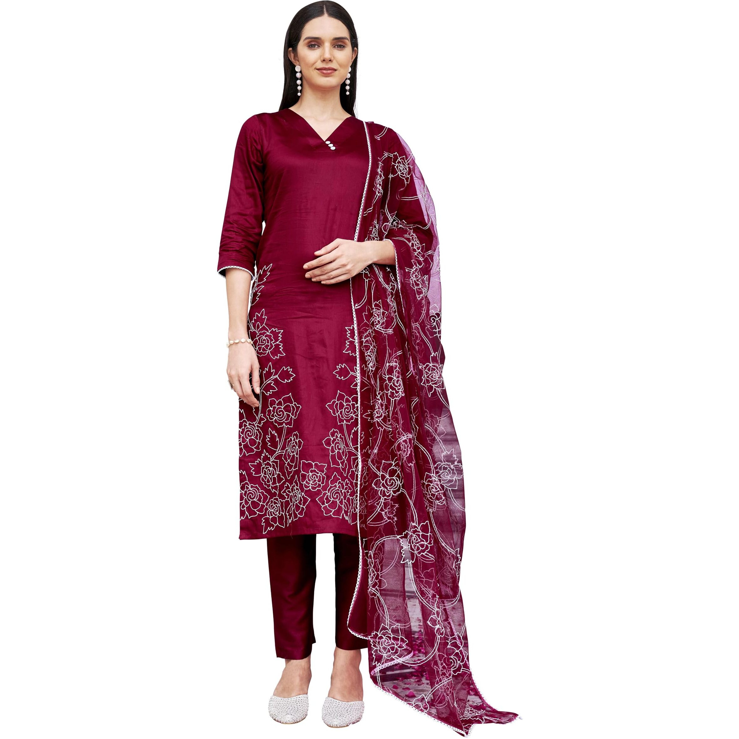 Womanista Women's Cotton Blend White Thready Work Kurta With Pant And Dupatta (Kurtaset_1314_Xl)