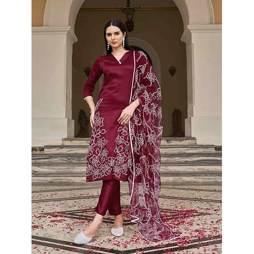 Womanista Women's Cotton Blend White Thready Work Kurta With Pant And Dupatta (Kurtaset_1314_Xl)