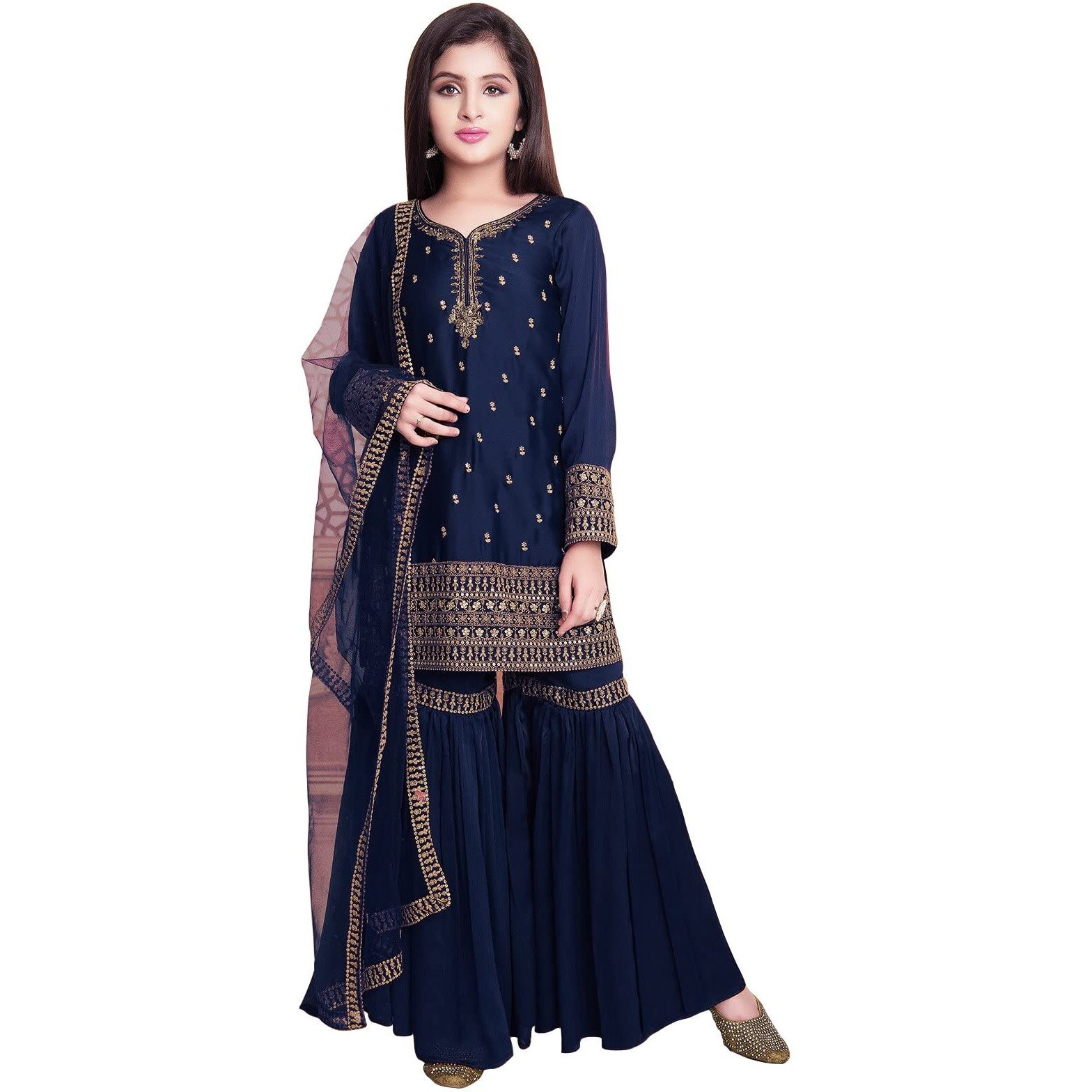 White Button New Girl's Sharara Style Georgette Salwar Suit For Kids