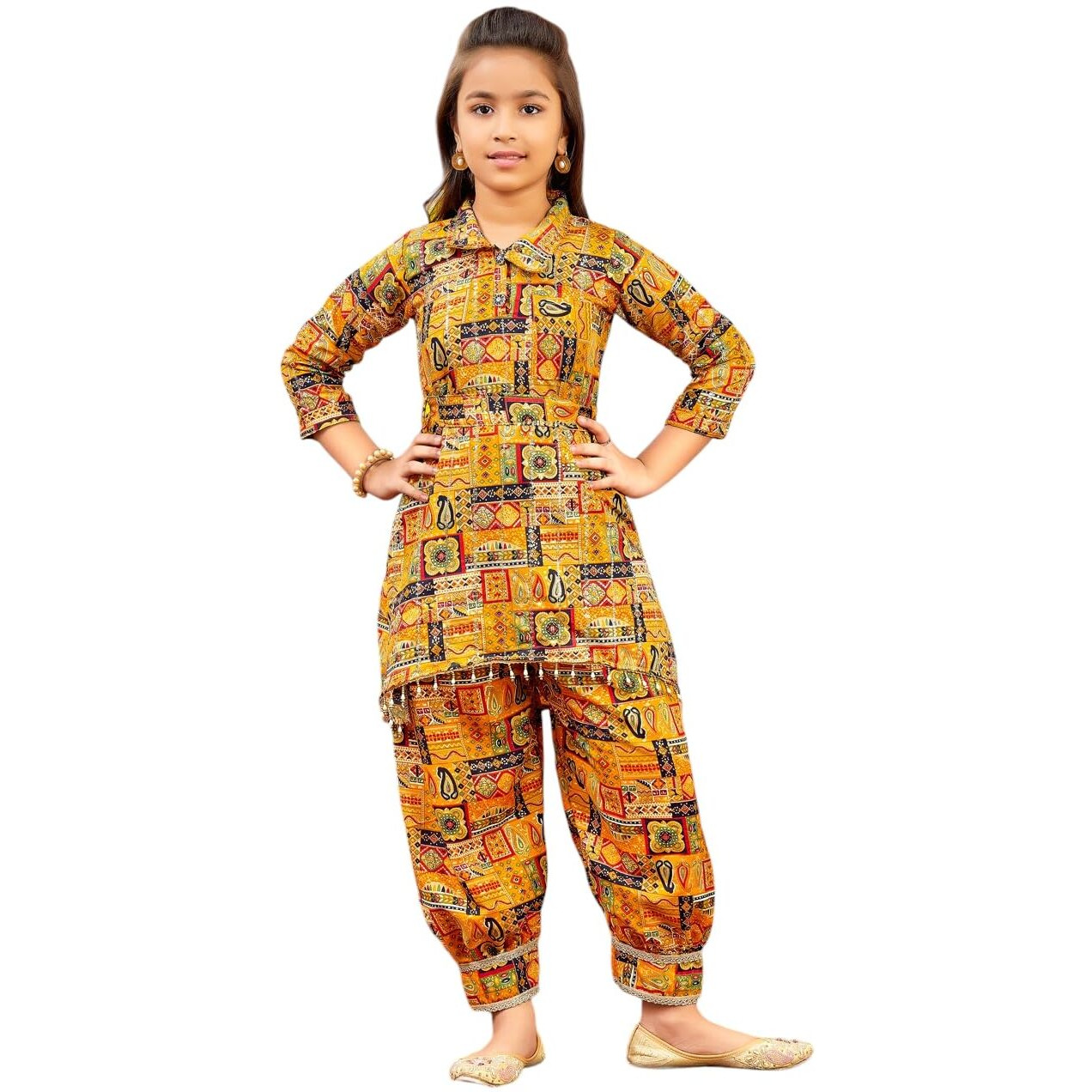 Aarika Girls Ethnic Wear Mustard Colour Abstract Printed Cotton Kurti Patiala Set With Belt (4-10 Years)