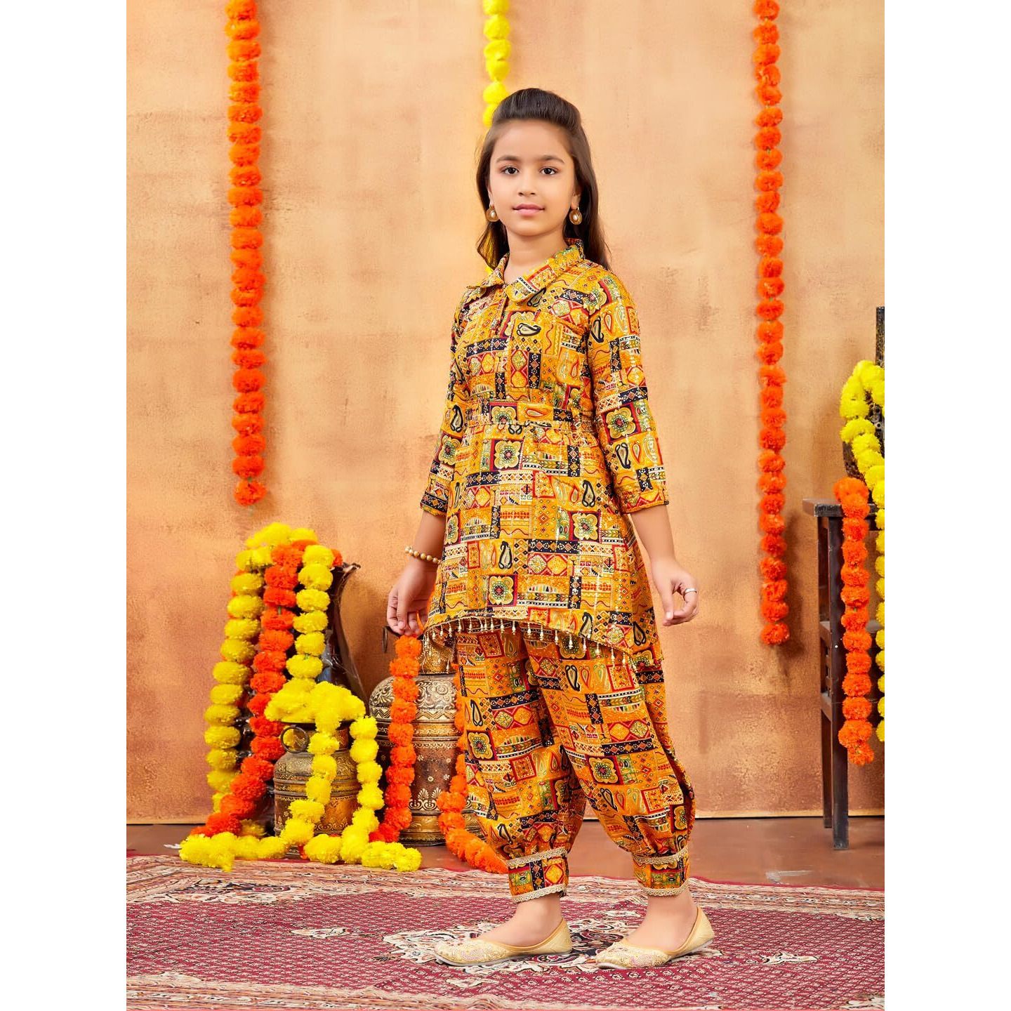 Aarika Girls Ethnic Wear Mustard Colour Abstract Printed Cotton Kurti Patiala Set With Belt (4-10 Years)
