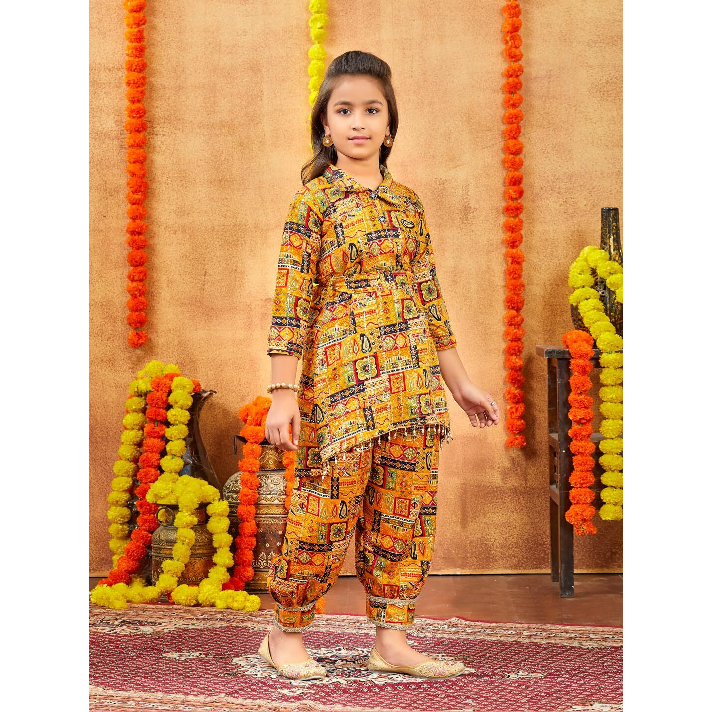Aarika Girls Ethnic Wear Mustard Colour Abstract Printed Cotton Kurti Patiala Set With Belt (4-10 Years)