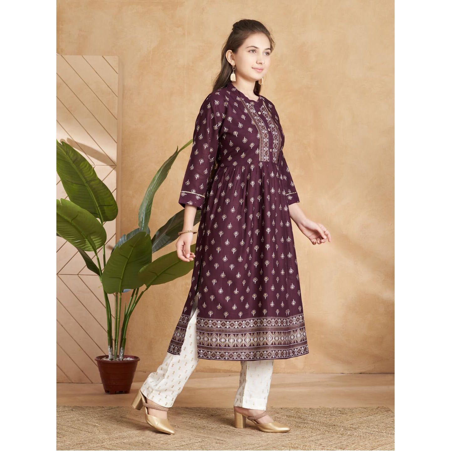 Aarika Girls Ethnic Wear Wine Colour Foil Print Rayon Kurti Pant Set-(8-15 Years)-(Kp-Sd-5979-Wine-40)