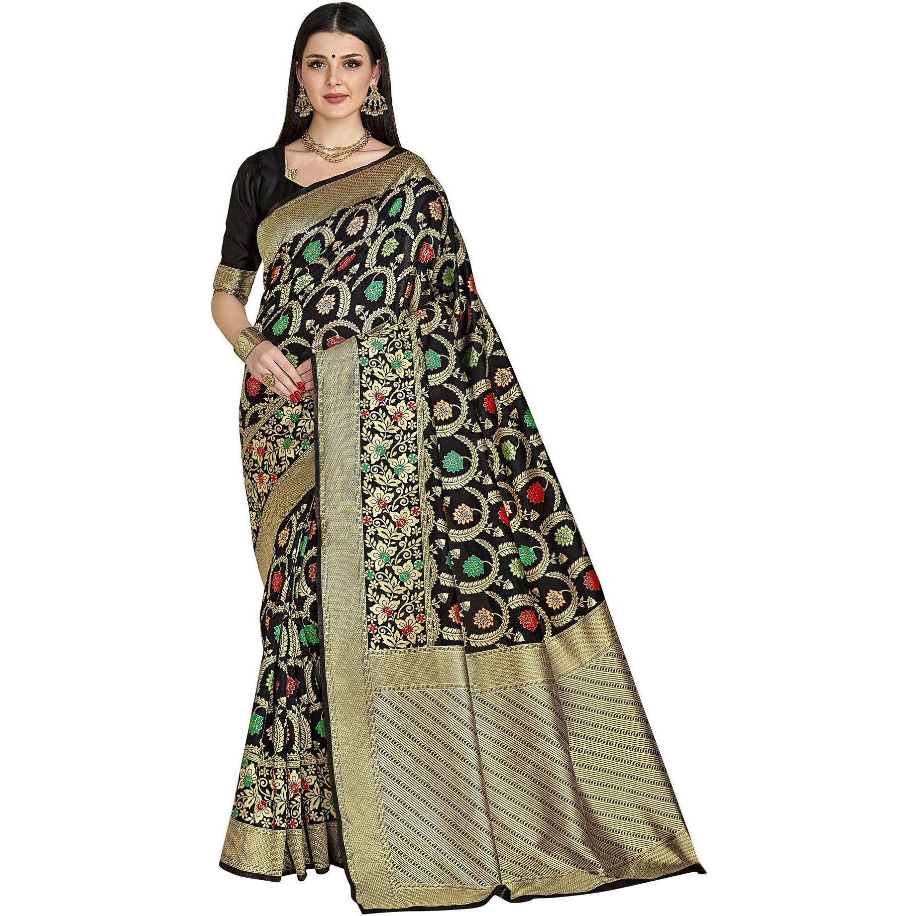 Glory Sarees Womens Floral Woven Silk Blend Saree (Gs_Bridal_Silk115_Black)